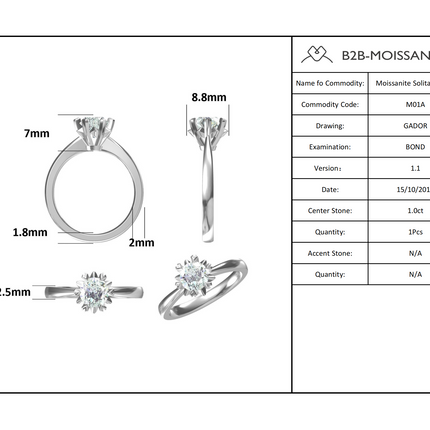 1.0ct moissanite ring S925 silver plated with 18K gold；14K/10K Gold〈M01A〉