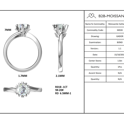 1.0ct moissanite ring S925 silver plated with 18K gold；14K/10K Gold〈M01B〉