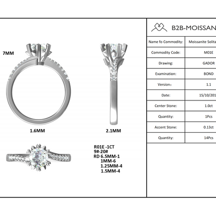 1.0ct moissanite ring S925 silver plated with 18K gold；14K/10K Gold〈M01E〉