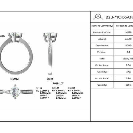 1.0ct moissanite ring S925 silver plated with 18K gold；14K/10K Gold〈M02B〉